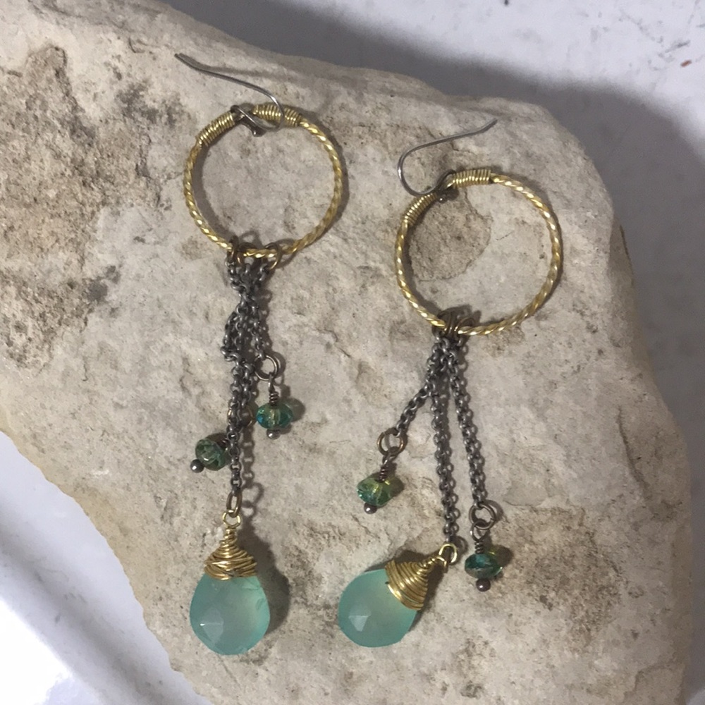 Vintage dangle gold stone chain beachy summer french hook earrings Hawaii